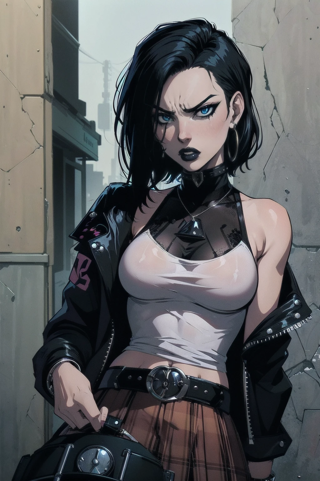 a woman with medium black hair, hair on shoulders, wearing plaid skirt, black jacket, blue eyes, gothic art, cute aesthetic with vibe, toon aesthetic, wearing gothic accessories, look like Cassie Hack, upper body, angry, driving on the motocicle, street background, dinamic poses
