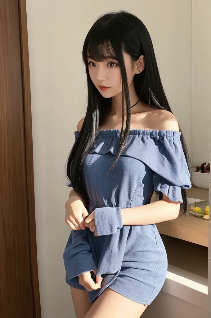 A woman in her 20s wearing an off-the-shoulder dress,A Japanese woman with long black hair and bangs,Sexy,Highest quality