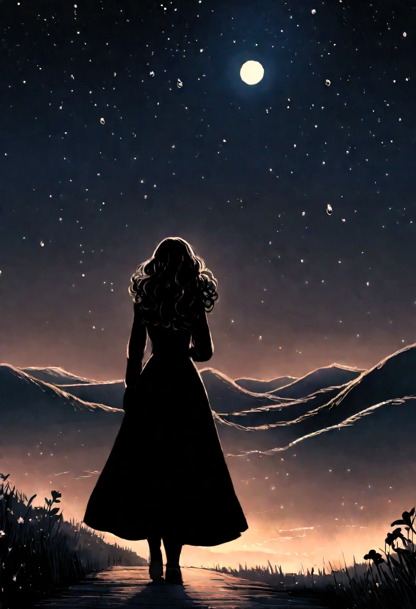 a black woman with long curly hair, just part of the silhouette, walking on the road with realistic mountains look, Chuva fina, night with stars and crescent moon in the upper left corner, flowers in the corners, high resolution, cinematic lighting, (Chuva fina) (back woman) (Walking forward) (Raindrops)