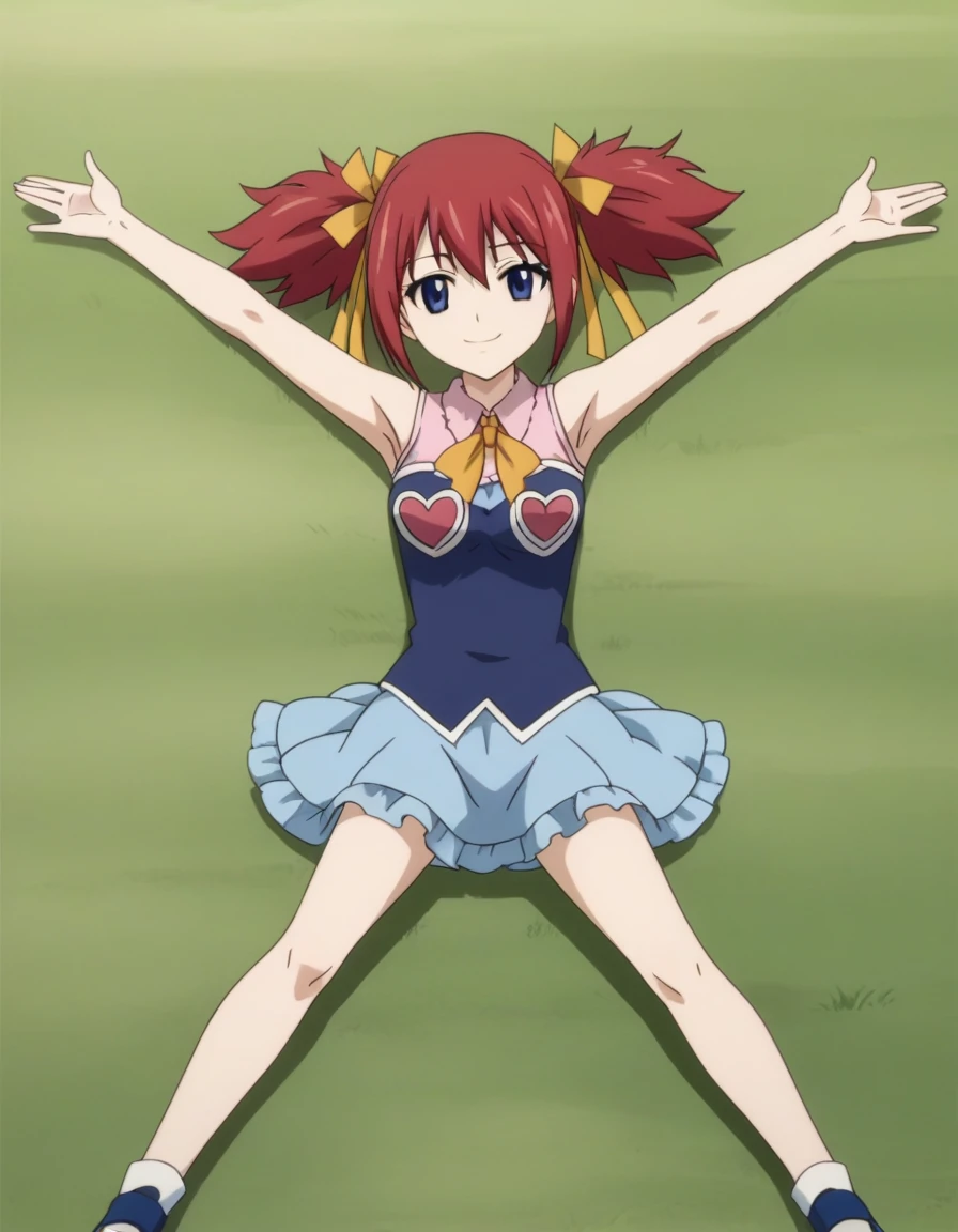 chelia_blendy, source_anime, rating_safe, intricate details, anime screencap, anime coloring, 1girl, solo,  red hair, blue eyes, ribbon, hair ribbon, twintails, short twintails, looking at viewer, high quality, solo, lying, on back, arms up, spread arms, closed mouth, on grass, center, full body, looking at viewer, suggestive smile, best quality, spread legs,
