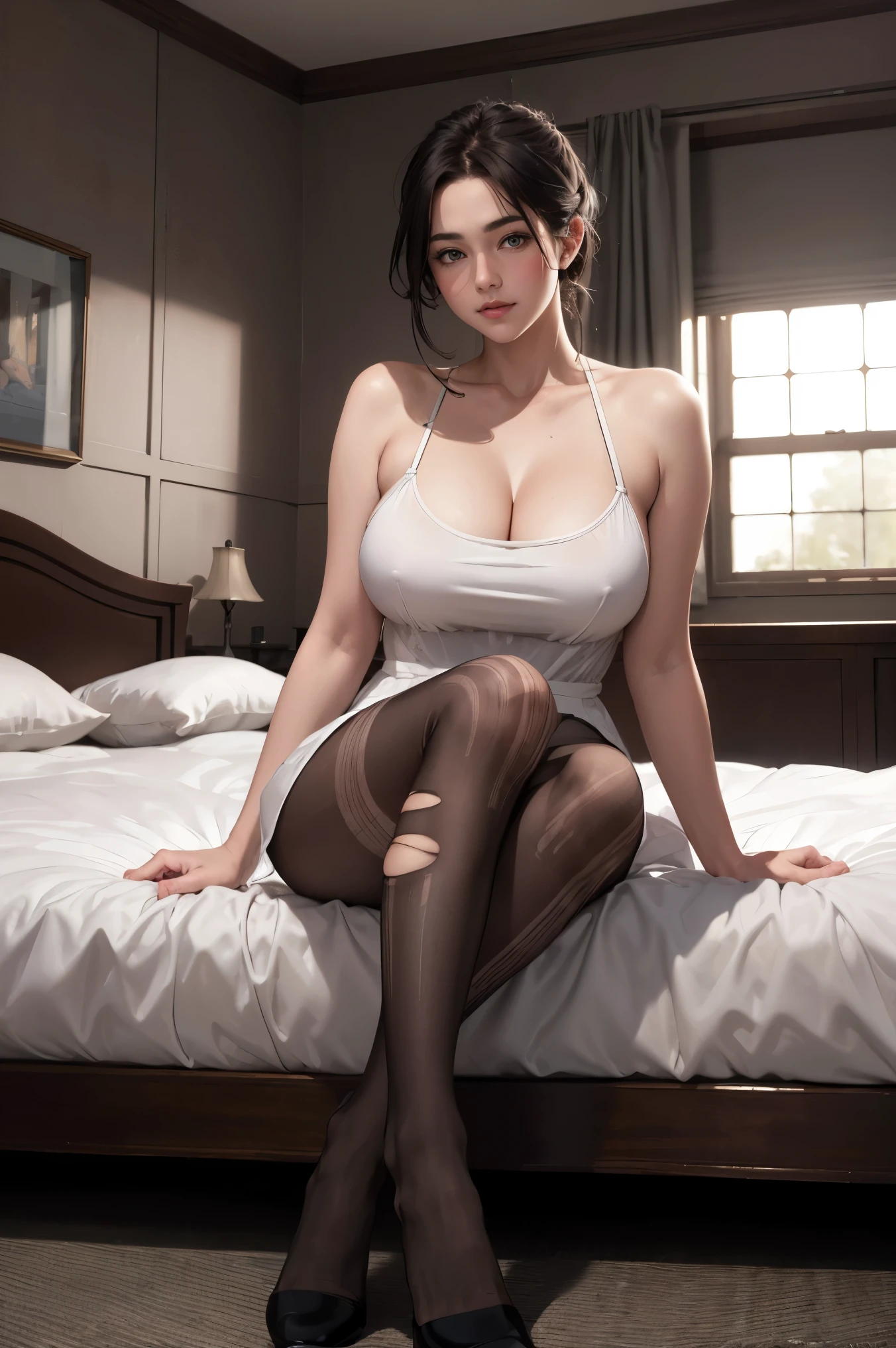 masterpiece, best quality, Practical, 8K, official art, Movie Lighting, Ultra-high resolution, 1 Girl, White dress, torn pantyhose, sitting, on the bed, bedroom, Sunlight, Looking at the audience, huge breasts,Cleavage,Low-cut,Long legs