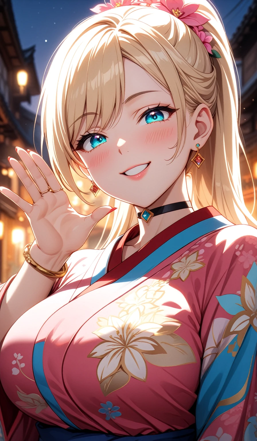 ((One personの女性)), Beautiful Face, ((Laughing embarrassedly)), (laugh),((Wink:1.9)),((waving at viewer:1.3)), (head tilt:1.3), Laugh with your mouth wide open,((Bright red cheeks:1.4)),Shiny red lips,night,横浜みなとみらいのnight景, firework,Laughing with your mouth open,Glossy pink lips,Facial lighting,((Anime style background)),masterpiece, Highest quality, so beautiful,up to date, Complex details, (Pink long nails),(ring),(bracelet),(choker),AI-generated, Complex,High resolution, Highest quality, super high quality,3D Images、3D Images,One person,Long blonde hair,High Ponytail,(turquoise blue eyes),Anime woman posing for a photo, ((Fine grain、Colorful eyes、Shining Eyes:1.3)),(Squint your eyes:1.1),a hyperRealistic , hyperRealistic , Realistic,Anime woman with long white hair, Smooth anime CG art, A woman in a colorful kimono with gold embroidery, (Pink long sleeve kimono),Red floral pattern,Long flower hair ornament,Earrings,Mature Body,(Big Breasts:1.1),Tall,Abdominal muscles,Tight waist,(Zoom up to face:1.6),(front view),