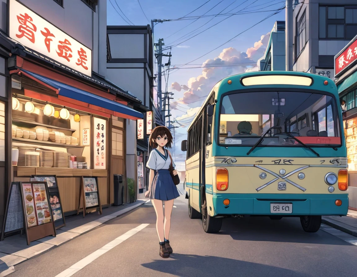 A cartoon character standing on the side of the road in front of a bus, In front of the ramen shop, Anime Style 4 k, Kyoto Animation Style, Realistic Anime 3D Style, Anime Style. 8K, In the style of Makoto Shinkai, Kantai Collection Style, Guweiz and Makoto Shinkai, Anime Background