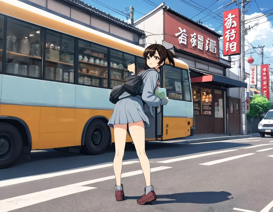 A cartoon character standing on the side of the road in front of a bus, In front of the ramen shop, Anime Style 4 k, Kyoto Animation Style, Realistic Anime 3D Style, Anime Style. 8K, In the style of Makoto Shinkai, Kantai Collection Style, Guweiz and Makoto Shinkai, Anime Background