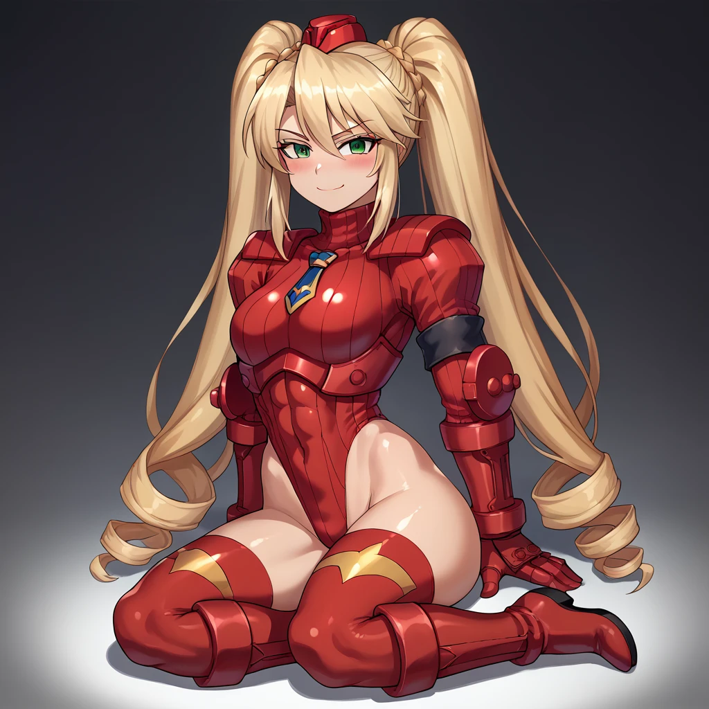 Lancer Artoria body (Alexis Texas Face), elegant adult female, blonde, green eyes (yellow eyelashes) crown, turtleneck, full body sitting on a bench, showing ass to me, RED breastplate, RED skin (1SologirlRED skin:1.2), looking at viewer, shiny, armor, thigh highs, high boots, pauldrons shoulder armor, faulds, poleyn, RED gloves gauntlets, rerebrace, RED military armored boots, yordle muscular lean platinum blonde long twin tails hairstyle at the bedroom lustful smirking smile face red blushed, blush, strong abs, female body builder, tiara, twin drills hair, (masterpiece, best quality, ultra detailed, best shadow)