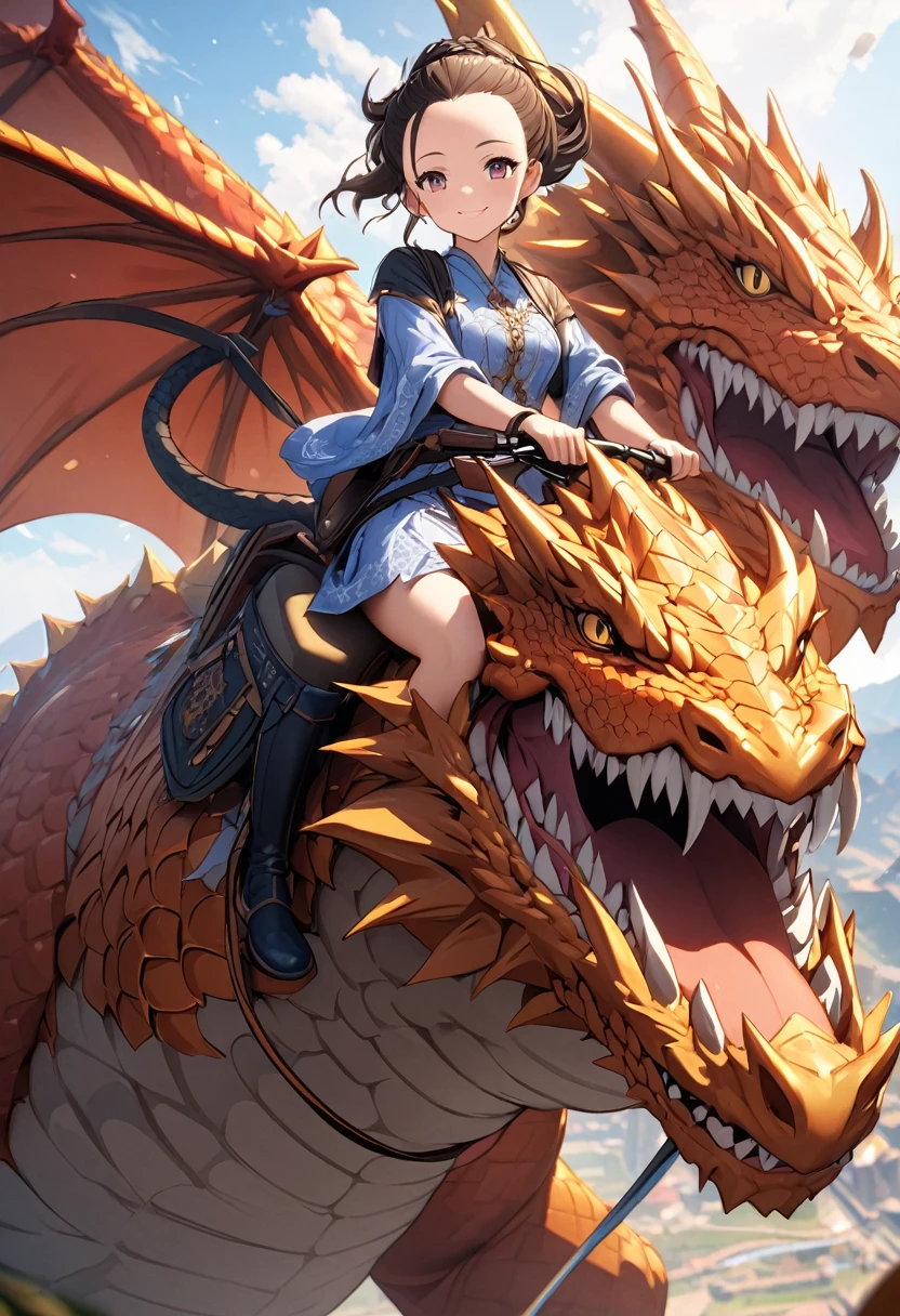 high-res,8K,((((ultra detailed face)))),((big smiling))).((forehead)),Woman riding a dragon,((it's raining)),The light is shining,moon