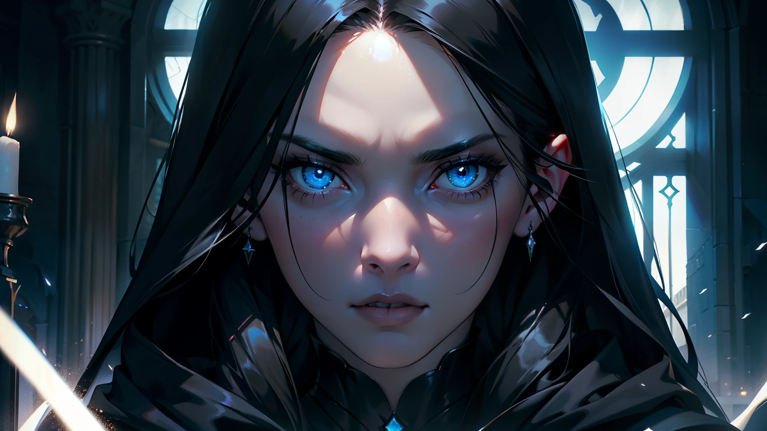 a beautiful woman with long dark hair, detailed facial features, striking blue eyes, full lips, pale skin, wearing a full black cloak, background full of mirrors without borders, looking directly at the camera, bad expression, dark, cinematic lighting, hyper realistic, 8k, photorealistic, masterpiece