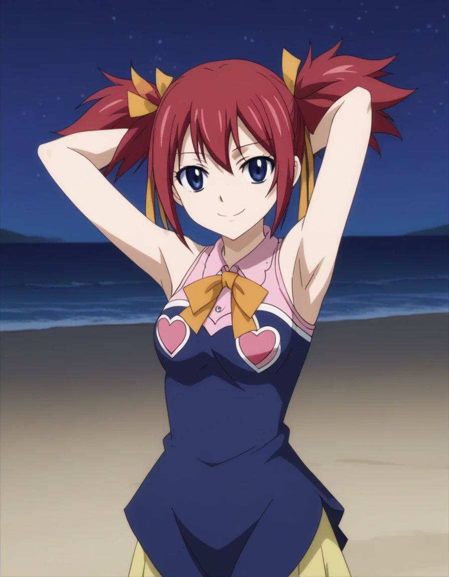 chelia_blendy, source_anime, rating_safe, intricate details, anime screencap, anime coloring, 1girl, solo,  red hair, blue eyes, ribbon, hair ribbon, twintails, short twintails, looking at viewer, solo, contrapposto, spread armpit, arms behind head, smile, looking at viewer, (cowboy shot:1.5), closed mouth, night sky, beach, high quality,