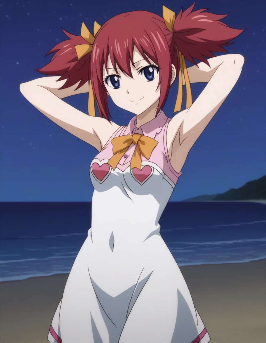 chelia_blendy, source_anime, rating_safe, intricate details, anime screencap, anime coloring, 1girl, solo,  red hair, blue eyes, ribbon, hair ribbon, twintails, short twintails, looking at viewer, solo, contrapposto, spread armpit, arms behind head, smile, looking at viewer, (cowboy shot:1.5), closed mouth, night sky, beach, high quality,