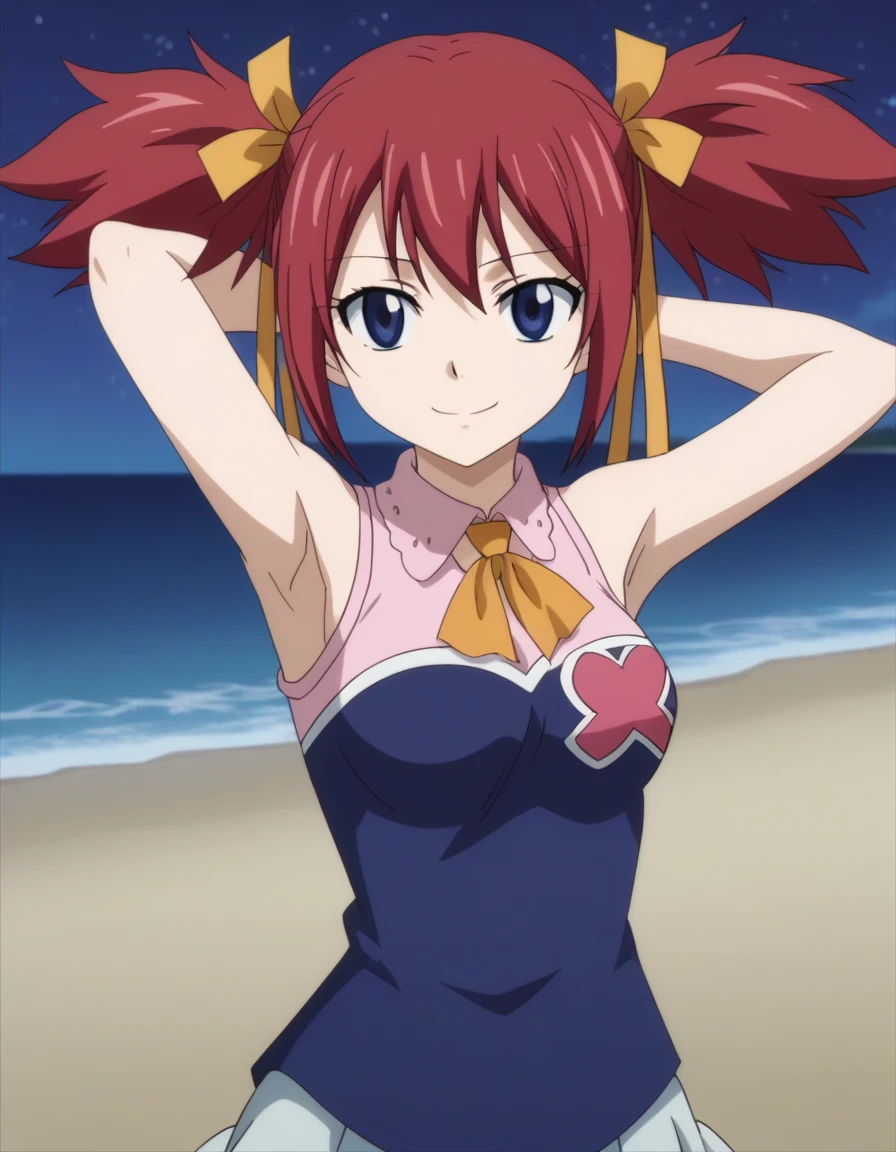 chelia_blendy, source_anime, rating_safe, intricate details, anime screencap, anime coloring, 1girl, solo,  red hair, blue eyes, ribbon, hair ribbon, twintails, short twintails, looking at viewer, solo, contrapposto, spread armpit, arms behind head, smile, looking at viewer, (cowboy shot:1.5), closed mouth, night sky, beach, high quality,