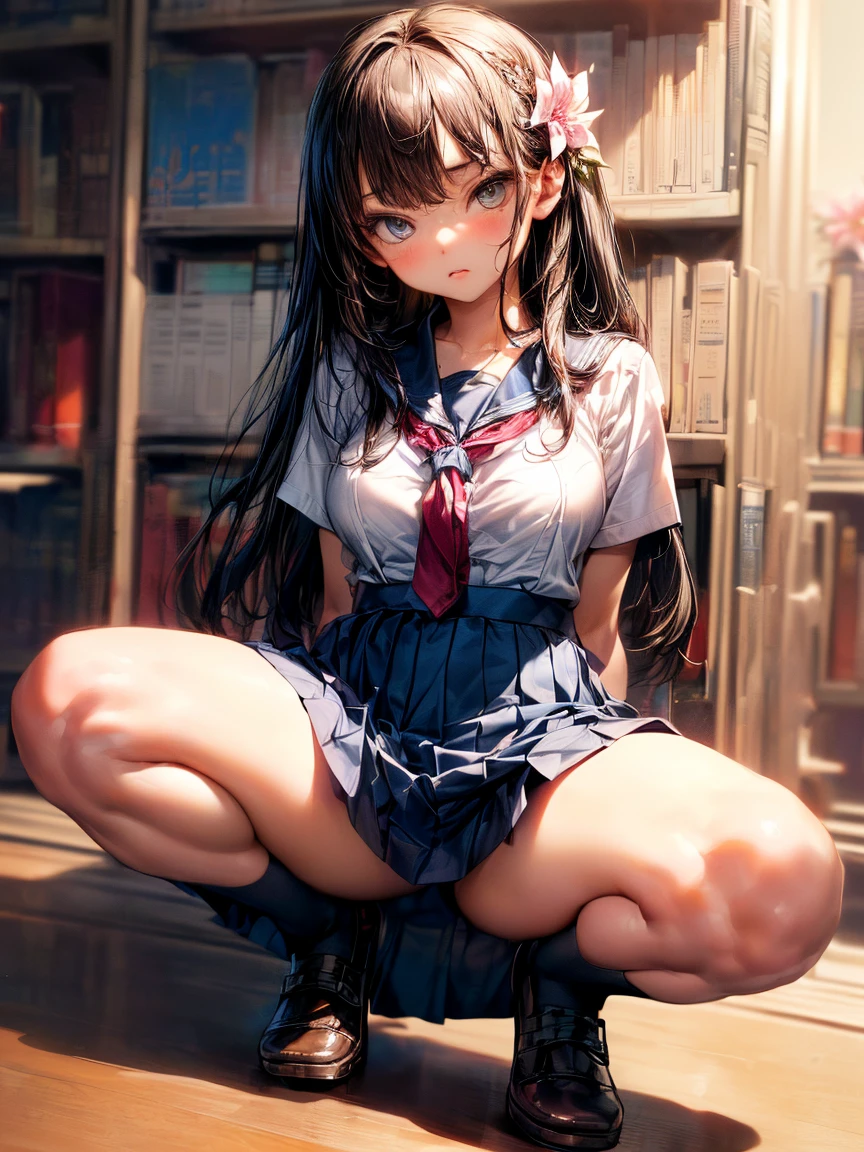 (High School Uniform:1.pread your legs)、(Rich color expression)、(Big Bresolution、 masterpiece、((Highest quality))、Anatomically correct、The girl is alone、(I narrowed my eyes a little.:2)、(Flower Hair Ornaments)、(tie)、(ribbon)、(Check long skirt:1.3)、((Hasselblad Photos))、[:(Detailed face:1.2):0.2]、(Squat)、(Starently)、(library)