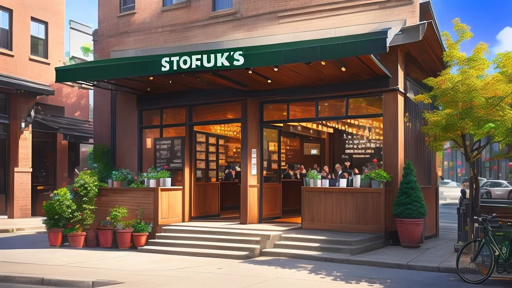 Starbucks is a Starbucks coffee shop with a green roof and a patio, Starbucks, illustrated Starbucks interior, Detailed store information, coffee shop, Highly realistic rendering, Cozy cafe background, Natural and realistic rendering, ❤🔥🍄🌪, Written by Nie Yuanlu, Photorealistic Rendering, Highly detailed rendering, Green Terrace, 8K)), Composed by Vincent Callebaut