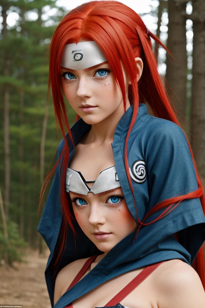 create a girl from the Naruto Shippuden anime who has red hair and blue eyes also the marks on Naruto's cheeks also have a purple swimsuit
