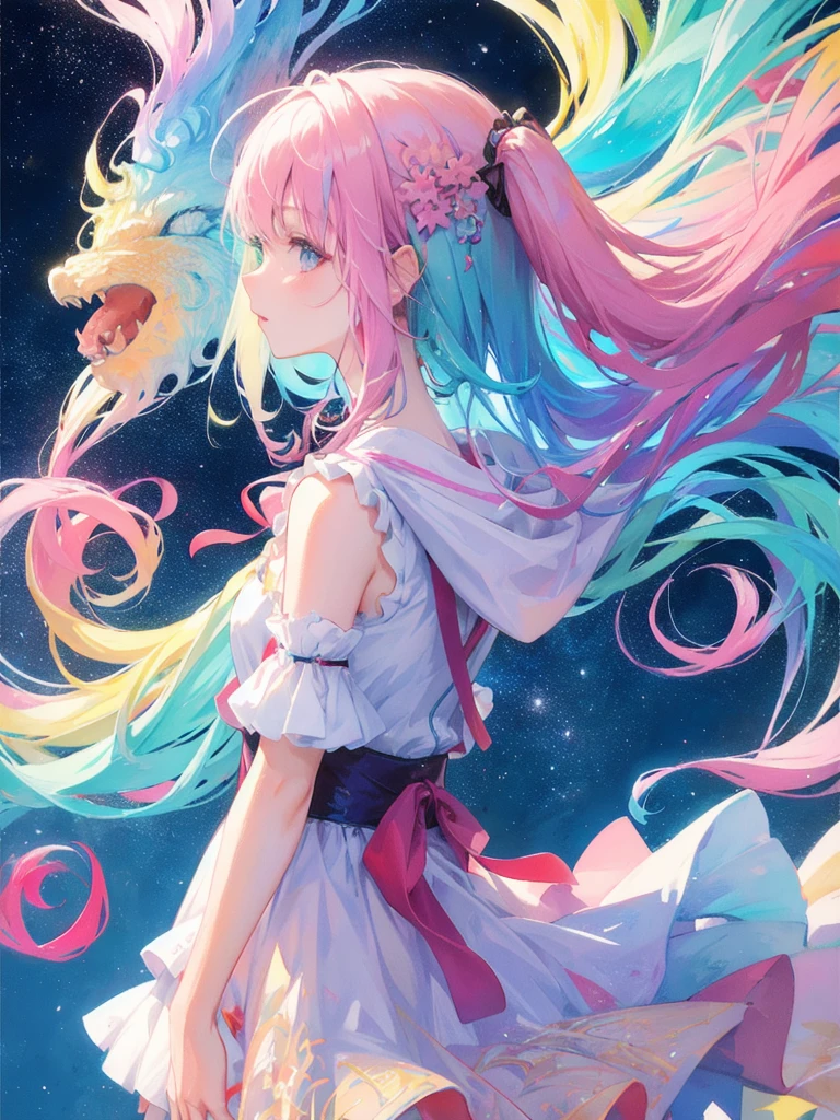 (masterpiece, top quality, best quality,watercolor (medium),official art, beautiful and aesthetic:1.2),(1girl:1.3), (fractal art:1.3),upper body, from side, looking at viewer,patterns,(rainbow color Hair,colorful hair,half blue and half pink hair:1.2),water,liquid, cloud,colorful, starry,stars, hatsune miku