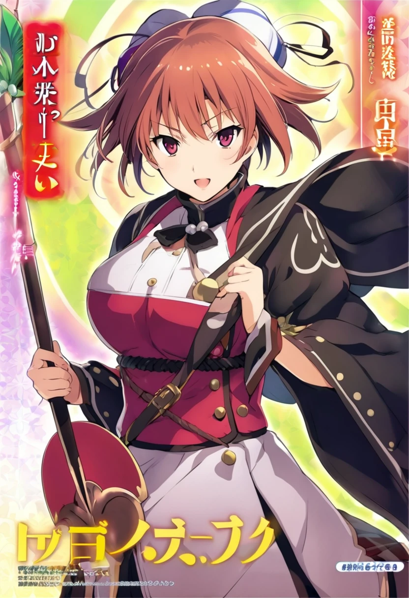 A woman dressed in red and white holding a green spear, akiyuki shinbou, Sengoku period art style, shikanosuke yagaki, Anime characters, taisho roman, Official character art, tsukasa dokite, From the Sengoku period, masakazu katsura, Official Art, tsurumaki kazuya, JRPG Characters
