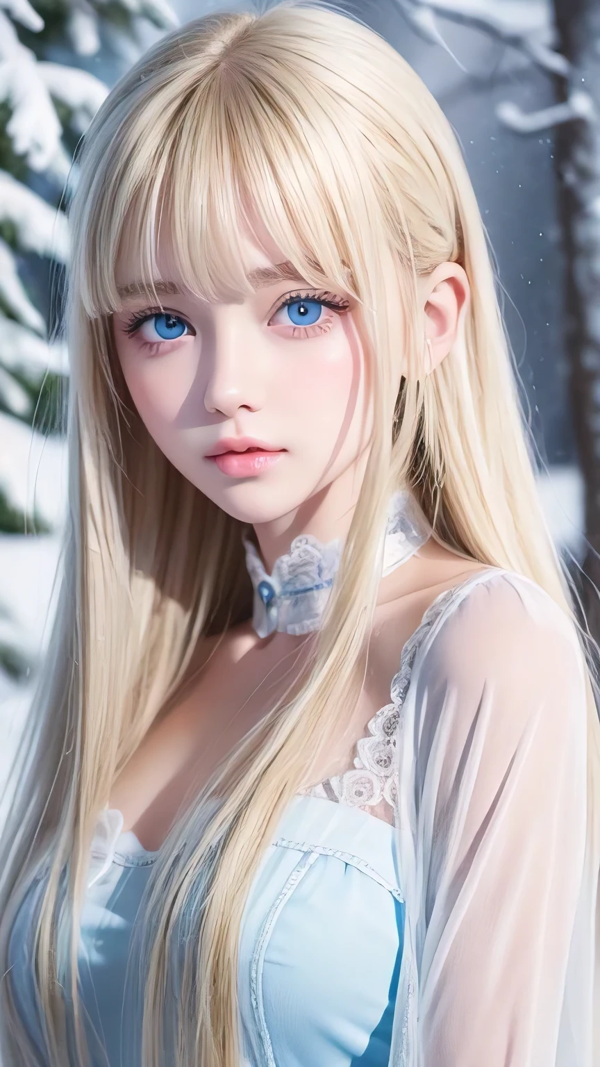 Very cute blonde girl、Very beautiful, large, bright, pale blue eyes、Gloss Face、Snow-white glossy skin、Cheek gloss、Super long hair、Ample Bust、Beautiful long bangs、Small Face Beauty、Very big eyes