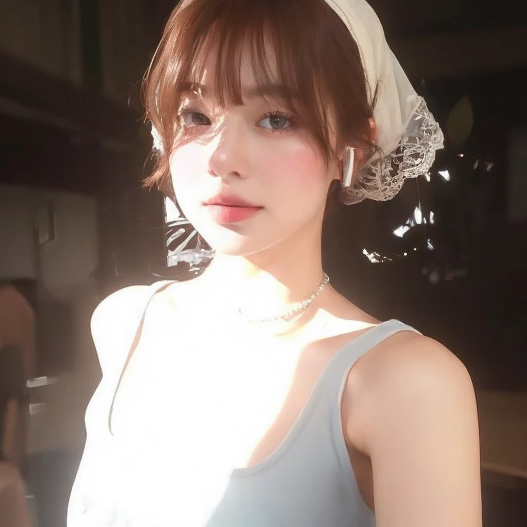 ((Night, Realistic Light, Best Quality, 8K, Masterpiece: 1.3)), 1girl, Slim Beauty: 1.4, Abs: 1.1, (Brown hair, Medium breasts: 1.3), Long pink sweater: 1.1, Bathroom, Super fine face, Delicate eyes, Double eyelids, smile, necklace