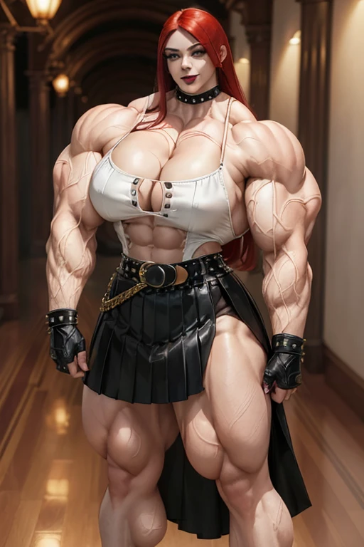 (((Massive tall, beautiful, buff, pale white skinned muscular asian woman with red hair, black lipstick, ginormous bulky muscles and wearing a beautiful leather unbuttoned blouse with a beautiful black long pleated skirt))), (close view), massive muscles, massive biceps, hyper muscle shoulders, massive muscle arms, vascular shoulders, hyper muscle triceps, (long hair), (beautiful unbuttoned leather blouse), yellow eyes, studded gauntlets, gloves, choker, (beautiful black long pleated skirt with a belt), shoes with socks, (in a beautiful hallway), closed smile, morning, hyper vascular arm, hyper muscles arms, hyper muscle legs, massive arms