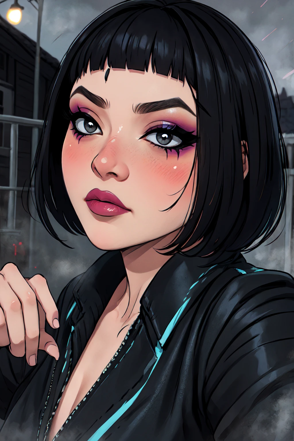 1girl, FengMin, solo, skinny, black eyes, asian eyes, eyeliner, looking at viewer, lips, black bob cut, black jacket, blunt bangs, blush, , driving on the motocicle, dinamic poses, whole body, face focus, outdoors, horror \(theme\), night, fog egirlmakeup,