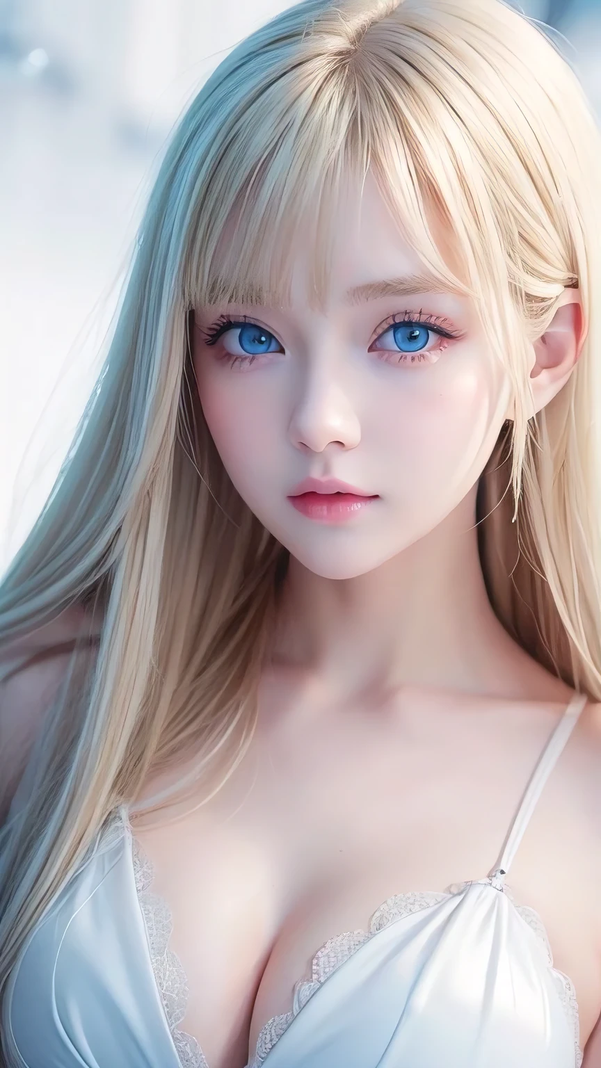 Very cute blonde girl、Very beautiful, large, bright, pale blue eyes、Gloss Face、Snow-white glossy skin、Cheek gloss、Super long hair、Ample Bust、Beautiful long bangs、Small Face Beauty、Very big eyes
