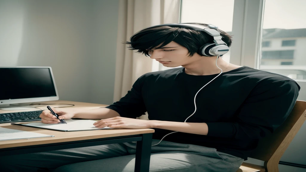 ((best qualityer)), ((work of art)), (detailded), male anime character with cat in the background, in the bedroom, studying, closed black t-shirt, listening to music while studying with headphones