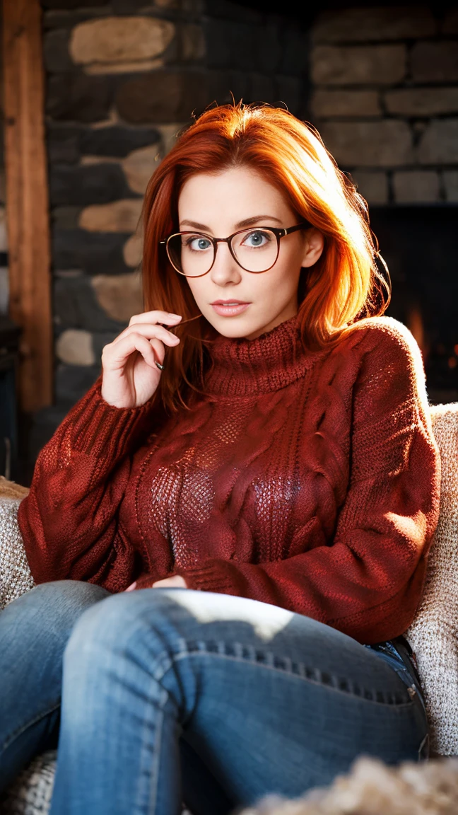 single focus lens, face is realistic, sensual woman, photographed, red hair, ice blue eyes, narrow waist, beautiful breasts, (sweater and jeans:1.2), at a cabin in the woods, with glasses, sitting by the fireplace, looking cozy and content.