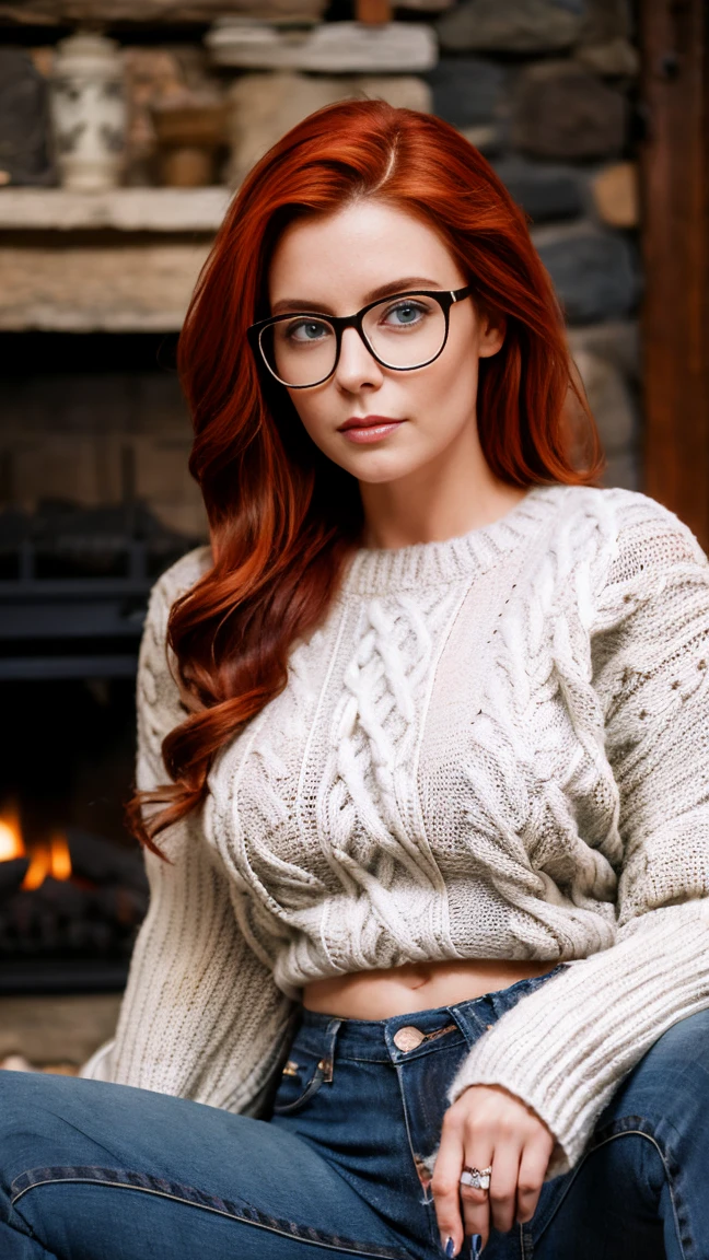 single focus lens, face is realistic, sensual woman, photographed, red hair, ice blue eyes, narrow waist, beautiful breasts, (sweater and jeans:1.2), at a cabin in the woods, with glasses, sitting by the fireplace, looking cozy and content.