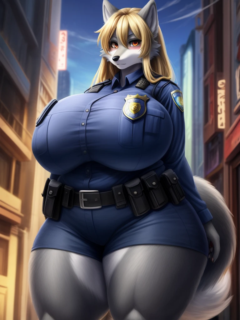 (8K, Masterpiece, high resolution, super fine illustration:1.3), (cool, beautiful, mannish:1.65), fluffy, perfect anatomy, detailed background, (solo, silver fur, 1 female wolf kemono:1.5), (long hair), (blonde hair:1.25), at big city, (police uniform:1.5), (tall:1.25), (topheavy, huge breasts:1.15), (big ass, thick thighs), (thicc, plump, fat:1.25), looking at viewer, serious