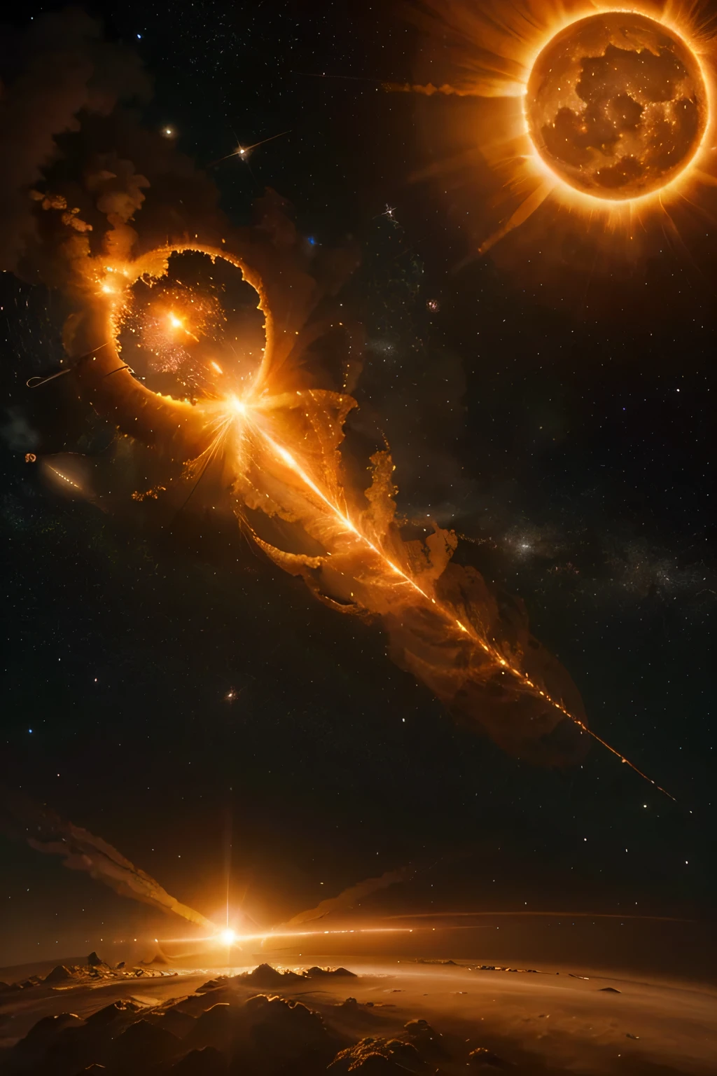  Una protoestrella (representing the Sun in formation) with a massive star nearby.
Arrows indicating the movement and proximity of the massive star.
Filaments of gas and dust being torn from the protostar by tidal forces.
Gas and dust particles flowing outward in opposite directions.