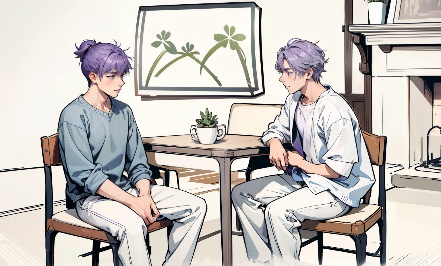 There are two 17-year-olds sitting in the dining room, they are somewhat uncomfortable talking, they have gray hair and purple hair.