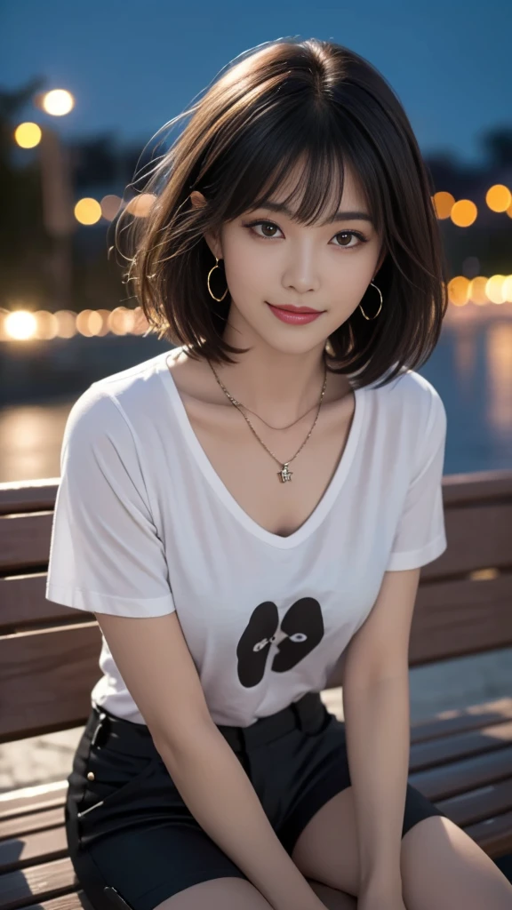8K,(RAW photos),(best quality), (Photo-realistic:1.4),Realistic skin texture 1girl,Lovely,Double eyelids,Bangs,whole body,,Thin legs,(fit),Slim,Smile,short hair,earrings,necklace,Watch and look at the audience,Face Focus,Depth of Field,club ,(Chest close-up:1),Bokeh,,Light T-shirt，Black shorts, No one on the riverside，bench，Quiet，night，