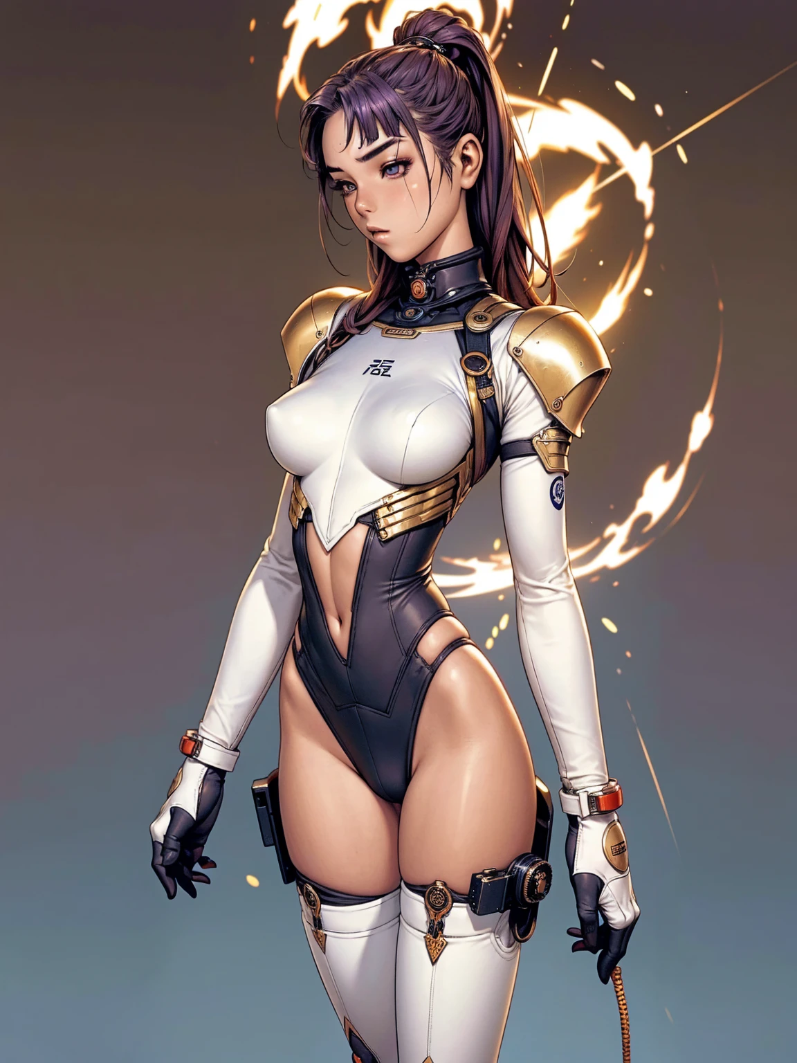 (((golden skin))), (((back view))), (((phoenix tattoo on back))), (((golden suit))), (((perfect ass))), (((best qualityer: 1.4))), (((Afro))), (((DuneWalker))), (((post-apocalypse))), (Unbeatable masterpiece), (hiper HD),(CG 8k hyper-realistic), (((breasts big))), (((hyper feminine))), sensuous girl, (purple bob hair with straight bangs), ((( sculptural body ))), (((1 girl))), 20 year anime girl with perfect body, Beautiful and well-groomed face, slanted eyes, muscular body:1.2, costume with textured details in pixel art, (Head to thigh photoodern samurai pants, Complex equipment,Tight, dark clothes,With white stars and white stripes, Metal parts in armor, afro girl, (((standing alone))), pirralha violent, ((())), sensuous, pose de atitude, work of art, post-apocalypse, (((manga style))), Bounty Hunter, violent, Manic, the way you want, slenderbody, thin but strong, perfectbody, roupa moderna, Advanced technology, short shorts with checkered pattern in red and black, fur collar jacket, sleeves with vertical striped pattern, neutral background
