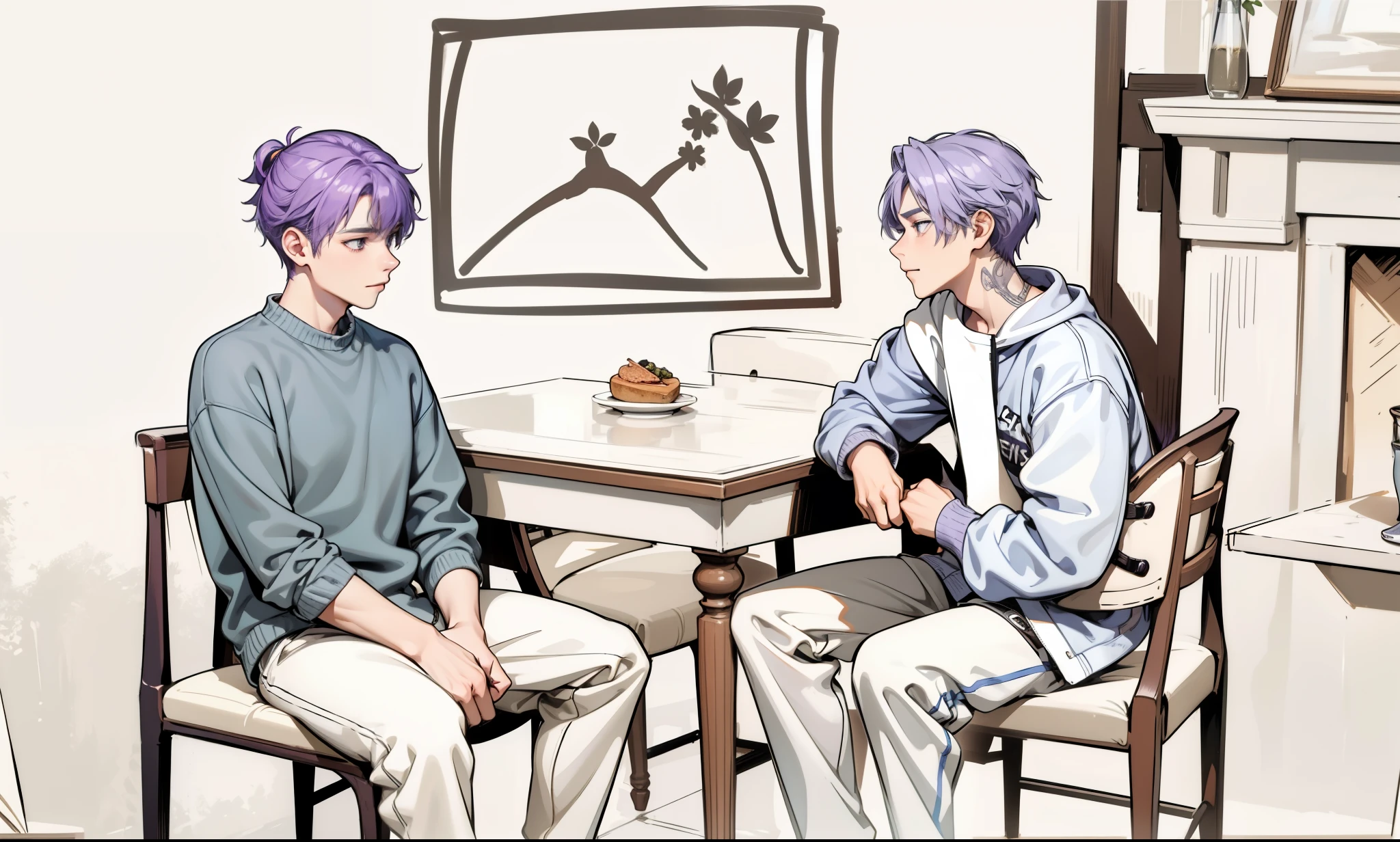 There are two 17-year-olds sitting in the dining room, they are somewhat uncomfortable talking, they have gray hair and purple hair.