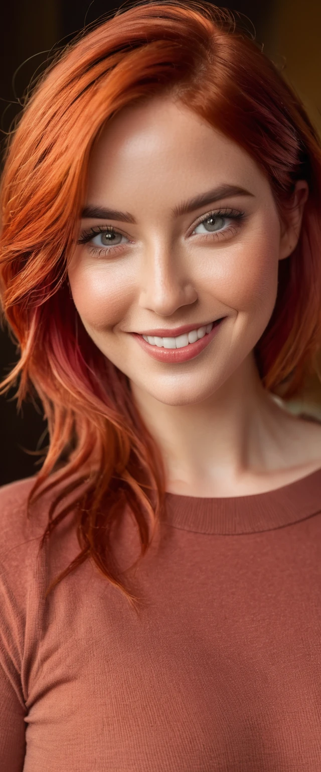 Masterpiece, High Resolution, Nude, asymmetrical hair, hair over shoulder, messy hair, medium hair, red hair, beret, wide eyes, glowing eyes, hazel colored eyes, smile, light smile, plus size, cinematic lighting, social media composition, close-up, Eye-Level Shot, Sony FE, anatomically correct, super detail, award winning, 4K