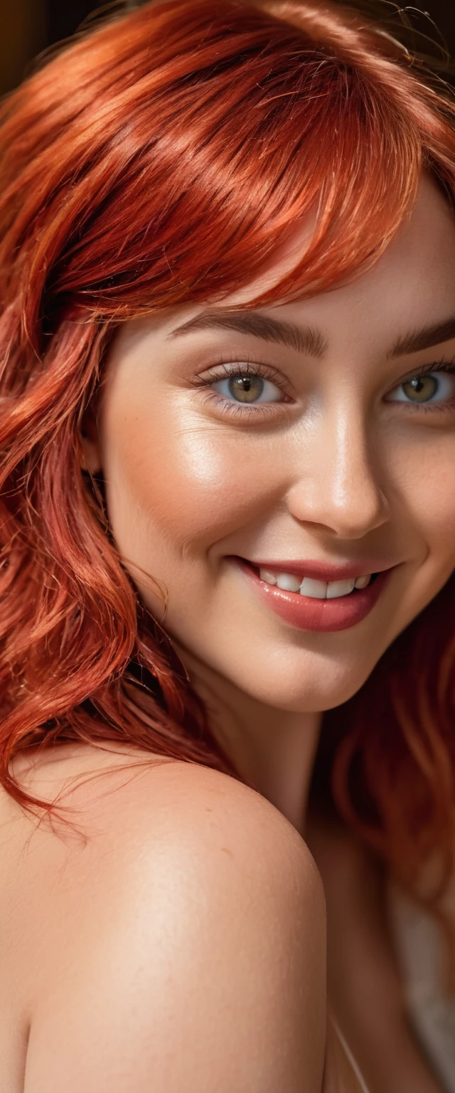 Masterpiece, High Resolution, Nude, asymmetrical hair, hair over shoulder, messy hair, medium hair, red hair, beret, wide eyes, glowing eyes, hazel colored eyes, smile, light smile, plus size, cinematic lighting, social media composition, close-up, Eye-Level Shot, Sony FE, anatomically correct, super detail, award winning, 4K