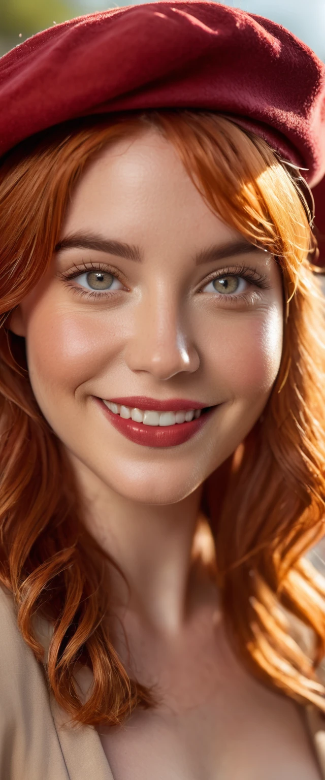 Masterpiece, High Resolution, Nude, asymmetrical hair, hair over shoulder, messy hair, medium hair, red hair, beret, wide eyes, glowing eyes, hazel colored eyes, smile, light smile, plus size, cinematic lighting, social media composition, close-up, Eye-Level Shot, Sony FE, anatomically correct, super detail, award winning, 4K