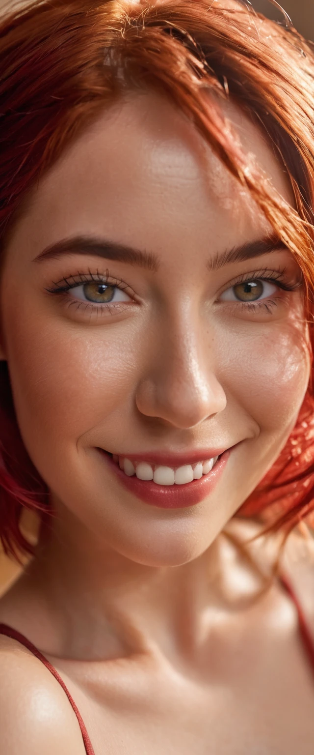 Masterpiece, High Resolution, Nude, asymmetrical hair, hair over shoulder, messy hair, medium hair, red hair, beret, wide eyes, glowing eyes, hazel colored eyes, smile, light smile, plus size, cinematic lighting, social media composition, close-up, Eye-Level Shot, Sony FE, anatomically correct, super detail, award winning, 4K