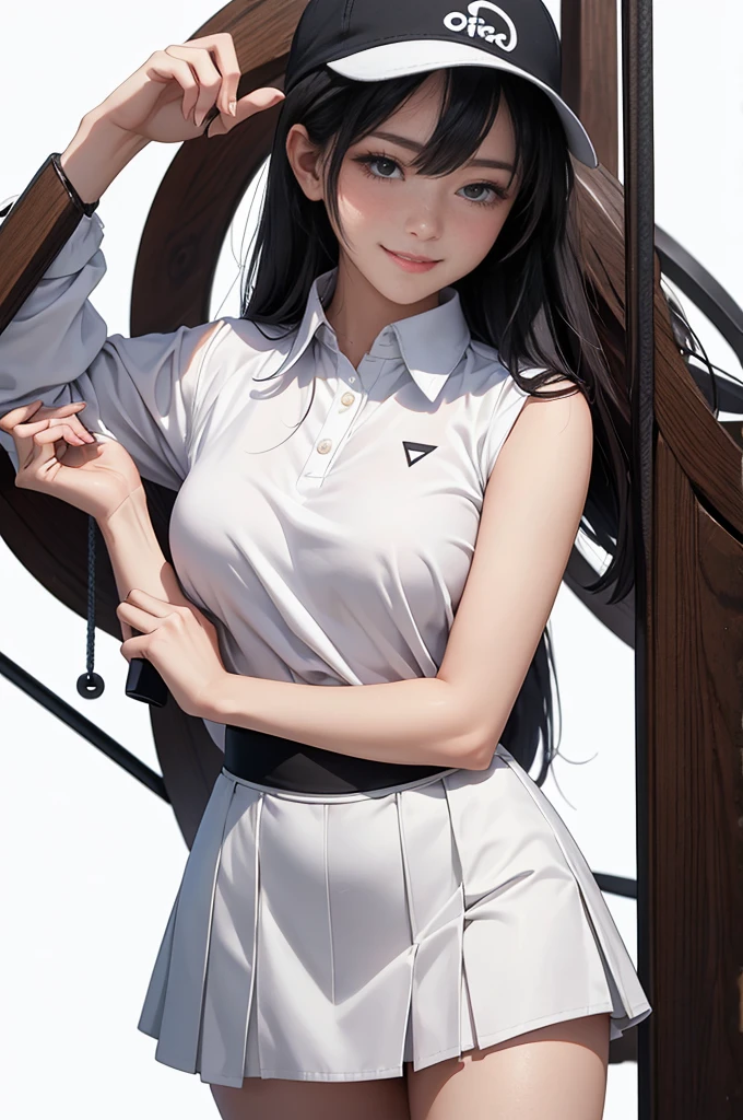  a asian woman in short skirt playing golf while wearing a cap, 1girl, solo, skirt, realistic, hat, swing, 1grab, realistic, long hair, black hair, big laugh, beautiful, model, best quality, masterpiece, cute, various posing, clear face, ultra high res, High detail RAW, Top quality, age 28, 35mm lens, f/1, seductive smile(white background: 1.3)