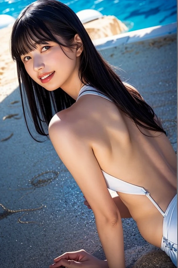 Japanese, brown eyes, smiling face, young face, black hair, twin tails, blue ribbon hair ornament, cleavage, necklace, floral bikini, blue sky and white cumulonimbus clouds, standing in front of a palm tree, resort island, everlasting summer atmosphere, beach, looking back, turning her backside