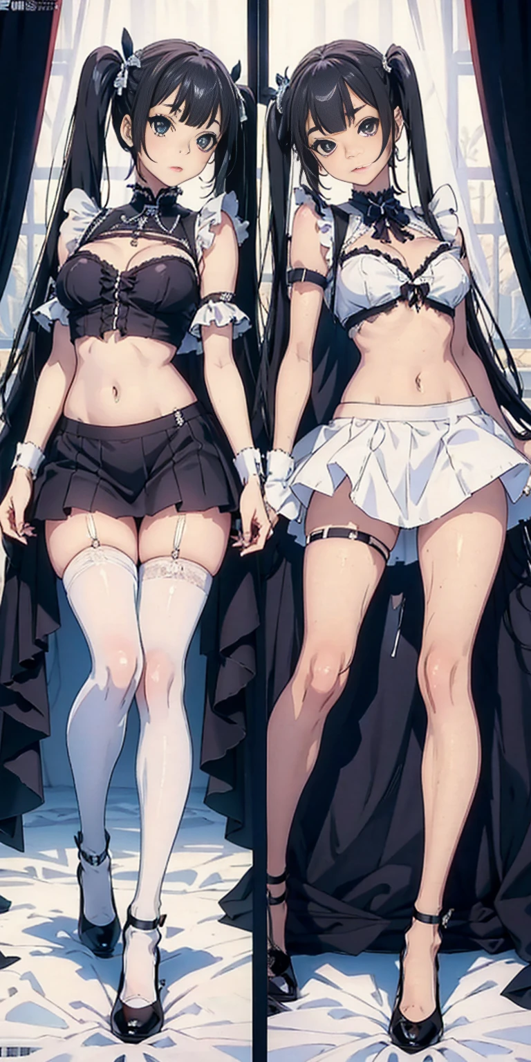 The body is slim、Masterpiece、Highest quality、Highest quality, (long and thin legs, shoes:1.2), Arm behind wrist, squat、Spread your legs、1 girl, Ahegao, Cute eyes, (Detailed face:1.3)、black eye, Open your mouth, The whole face turns red, alone, Big and ample breasts, (Straight bangs, Twin tails), White maid outfit、Side bust、Underbust、belly button、Walking through the mansion'corridor、nsfw