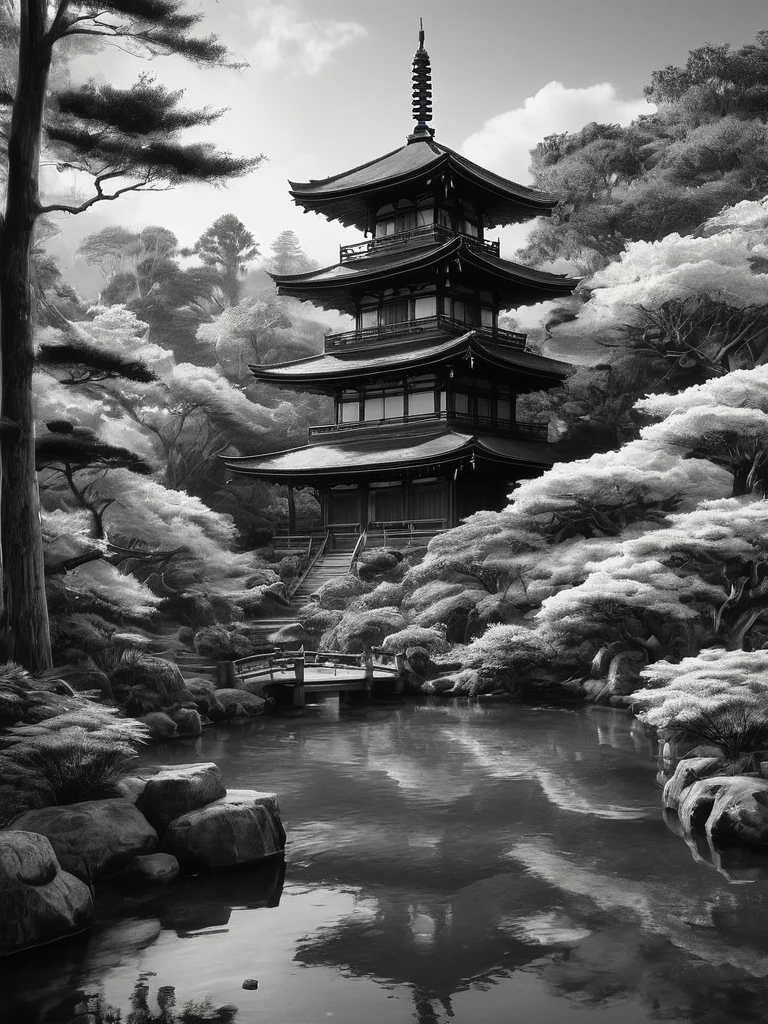 stunning black and white graphite sketch of Japanese temples in a Japanese garden, panoramic shot, in dynamic pose, by Anna Razumovskay, (by Alyssa Monks:1.1), by Joseph Lorusso, by Lilia Alvarado, beautiful lighting, sharp focus, 8k, high res, (pores:0.1), (sweaty:0.8), Masterpiece, Nikon Z9, Award - winning photograph, --ar 16:9 --style raw --stylize 750 --niji 6, perfect composition, beautiful detailed intricate insanely de