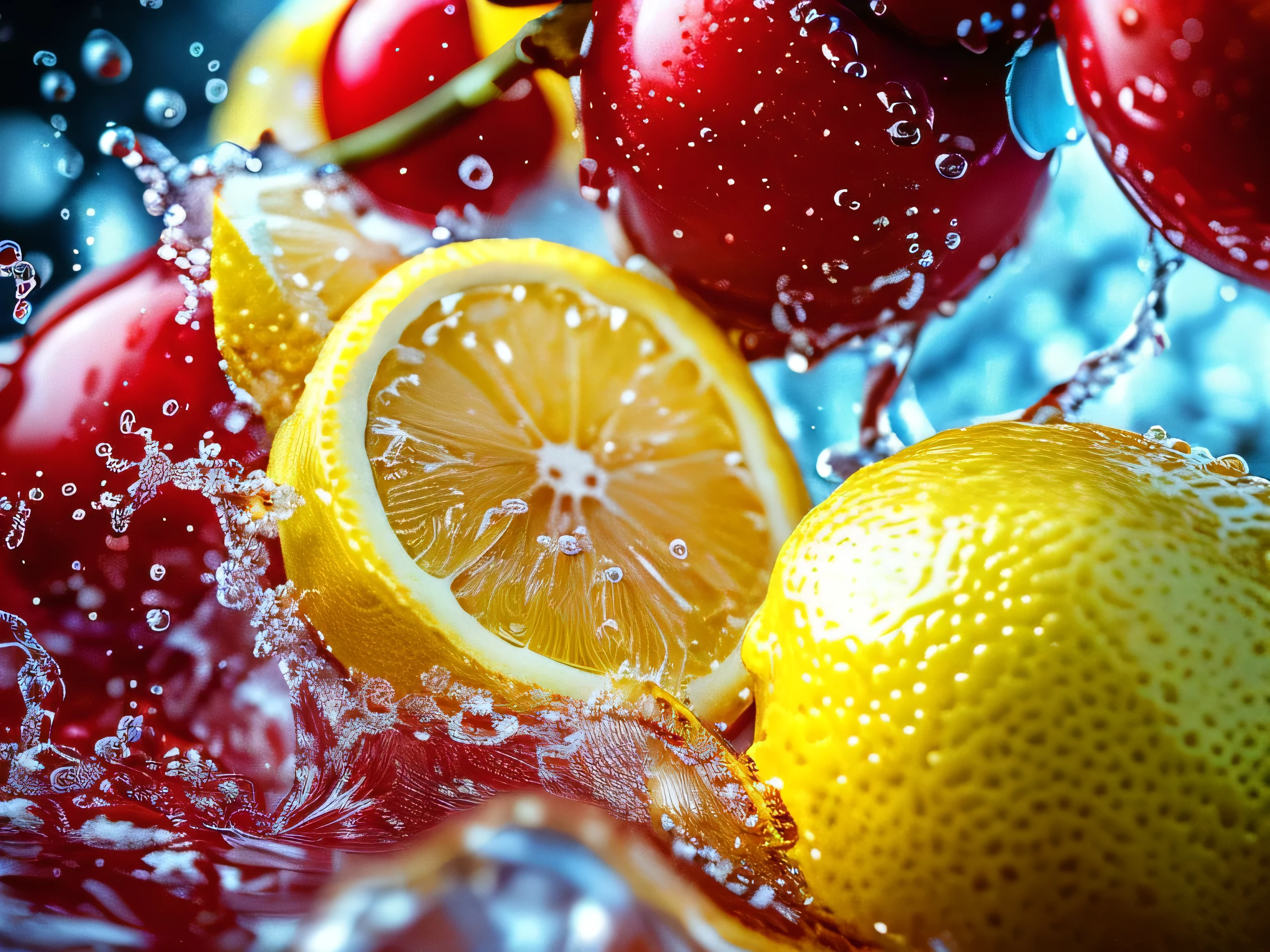 Real photography of 3 lemons falling into water and splashing with water droplets. Commercial advertising style, macro shot, background, warm lighting, cool colors creating splash effect. The cherry is dotted with white light spots, and the cherry falls from above, forming a splashing liquid water ball. HD photography quality.