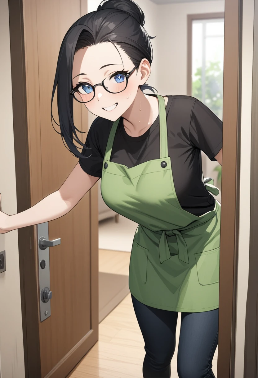 Adult female, highly detailed, glasses, short black hair style tied back, blue eyes, smile, apartment entry, green dirty apron, black shirt, black jeans, perfect eyes, high quality, happy, sweaty, answering door, highly detailed living room background, expressive eyes