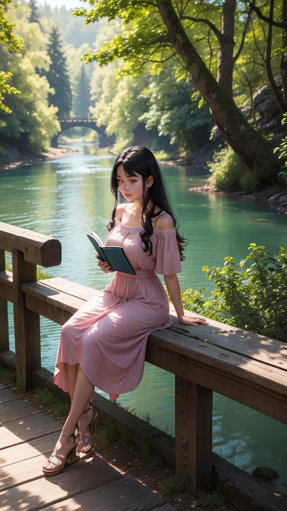 there is a beautiful woman wearing a pink dress, the woman has blue eyes and black hair (loose hair), she is on top of a wooden bridge with trees in the background and below a beautiful river, she is reading a book