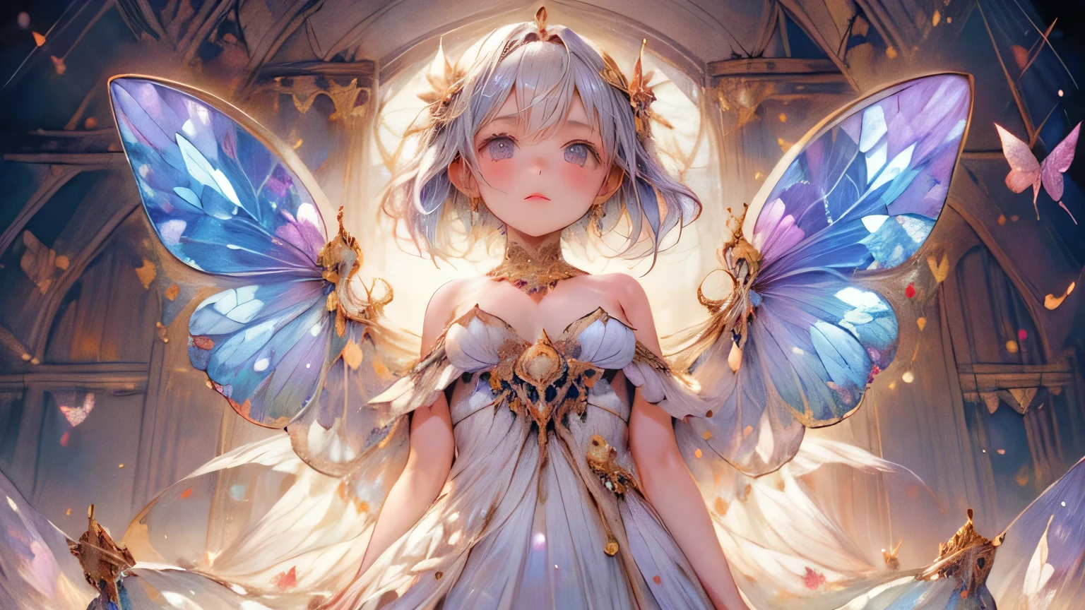 masterpiece, highest quality, 8k, highres, beautiful highest details, old castle roof floor, moon light, butterfly spirit, sheer dress, bare shoulder, strapless, tears, rainbow butterfly wings:1.2, flying sky:1.2, view from below, sparkling eyes, bright rosy lips