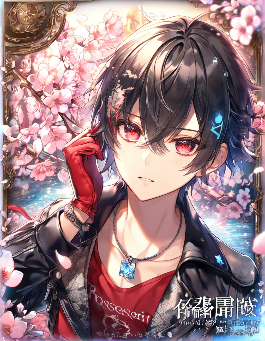 absurdres, highres, ultra detailed, HDR, master piece, Shin, messy black hair, red streaks, expressive red eyes, cropped black leather jacket, Amnesia Memories, sexy man, handsome, best quality, blossoms, pink petals, pink flowers, fantasy, magical, blue shining fireflies, solo, water, red shirt with black patterns, red gloves, red collar, the word "Krozseria" is written on the picture