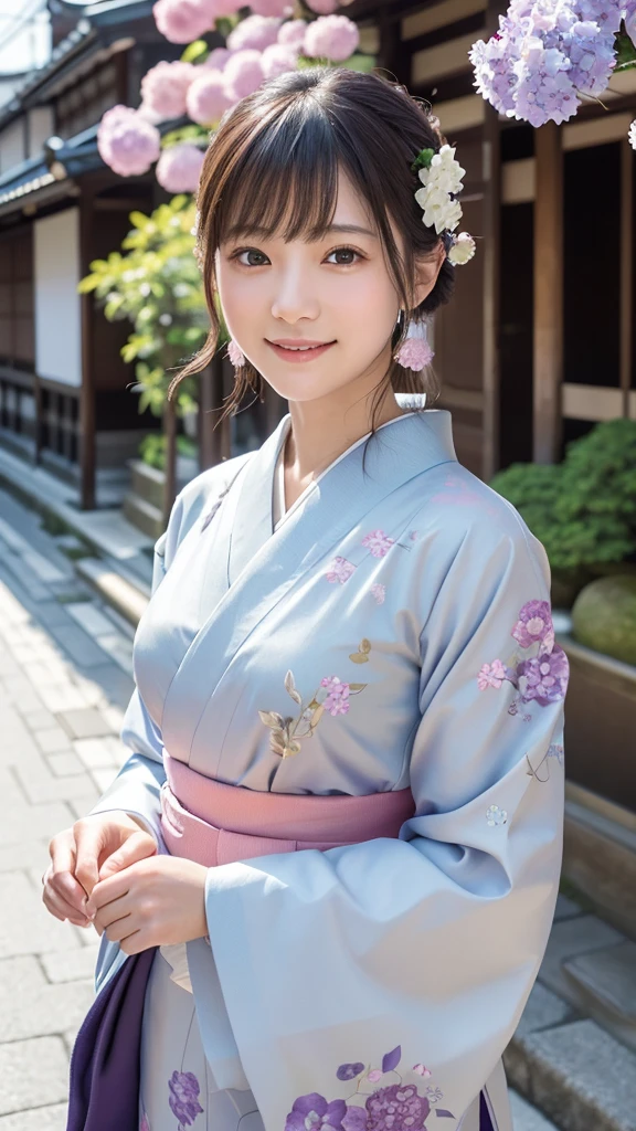 professional lighting,(Photoreal:1.4), (Top image quality:1.0), (超A high resolution:1.0), 8K, Raw photography, (masterpiece:0.2), (Face the children_v1:0.5)、(highest quality Detail:1.2)、realistic、8K UHD、High resolution、(1 girl:1.2)、Super detailed、High quality textures、intricate details、detailed、Very detailed CG、High quality shadows、detailed Beautiful and delicate face、Beautiful details and delicate eyes、(symmetrical eyes:1.2),Depth of the bounds written、ray tracing,1 girl, japanese girl, (natural smile:1.4),cute, thin, A portrait of a beautiful Japanese woman wearing a hydrangea-patterned kimono standing elegantly on a street corner in Kyoto. Her kimono is decorated with bright blue-purple hydrangeas, her hair is adorned with an elegant and delicate hairpin, and she has a gentle expression. (Against the backdrop of the old streets of Kyoto:1.4)、soft light on a spring afternoon、adds tranquility to the scene. Rendered in a realistic style with great attention to detail, High resolution images.sky porn, magic hour, (realistic:1.3), finely, quality, (table top:1.2), (realistic:1.2), (highest quality), (Complex details), dramatic, ray tracing, photograph, +roller