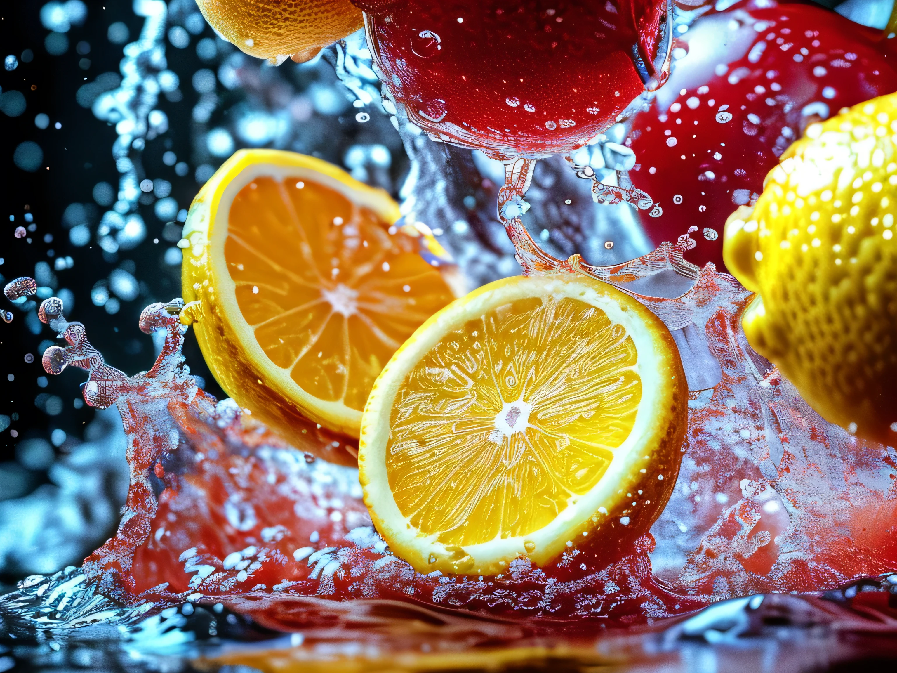 Real photography of 3 lemons falling into water and splashing with water droplets. Commercial advertising style, macro shot, background, warm lighting, cool colors creating splash effect. The cherry is dotted with white light spots, and the cherry falls from above, forming a splashing liquid water ball. HD photography quality.