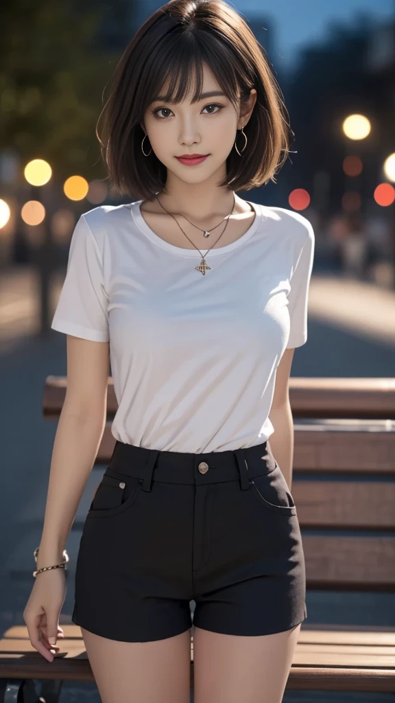 8K,(RAW photos),(best quality), (Photo-realistic:1.4),Realistic skin texture 1girl,Lovely,Double eyelids,Bangs,whole body,,Thin legs,(fit),Slim,Smile,short hair,earrings,necklace,Watch and look at the audience,Face Focus,Depth of Field,club ,(Chest close-up:1),Bokeh,,Light T-shirt，Black shorts, No one on the riverside，bench，Quiet，night，