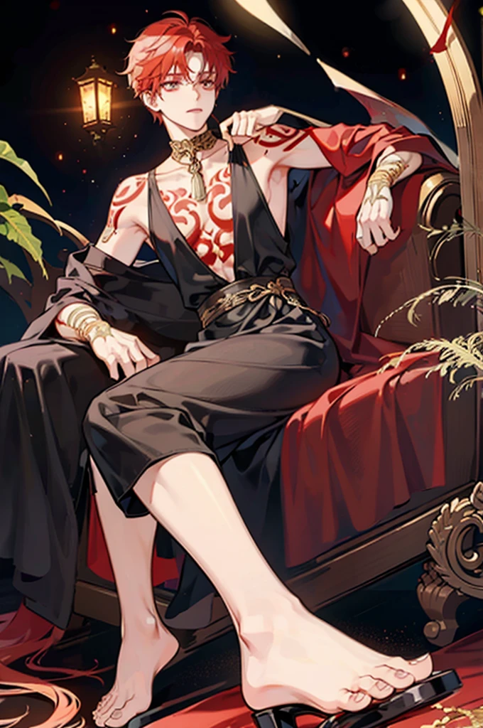 boy, Red hair, amber eyes, skin fair, tattoo on neck and left arm, greek clothing, barefoot, uncanny, dark background with little light.